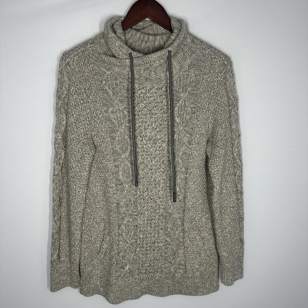 LL BEAN Signature Fisherman Cable Knit Sweater Cowl Funnel Neck Size Medium Gray